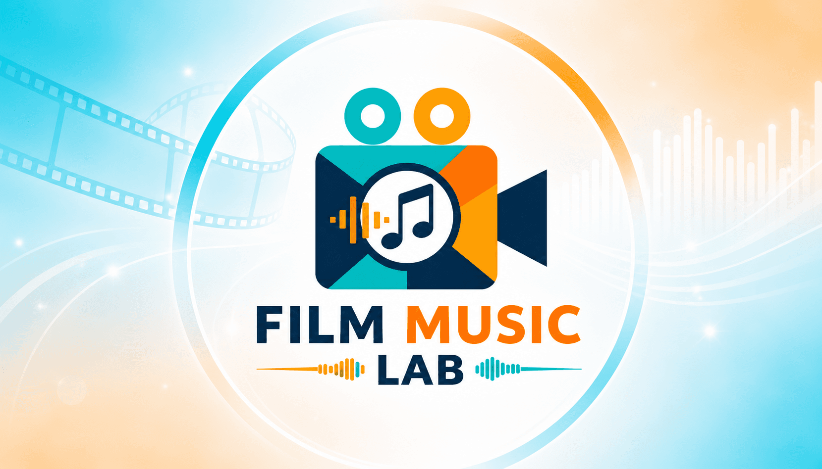 Film Music Lab logo featuring a camera icon, music note, and sound wave graphics.
