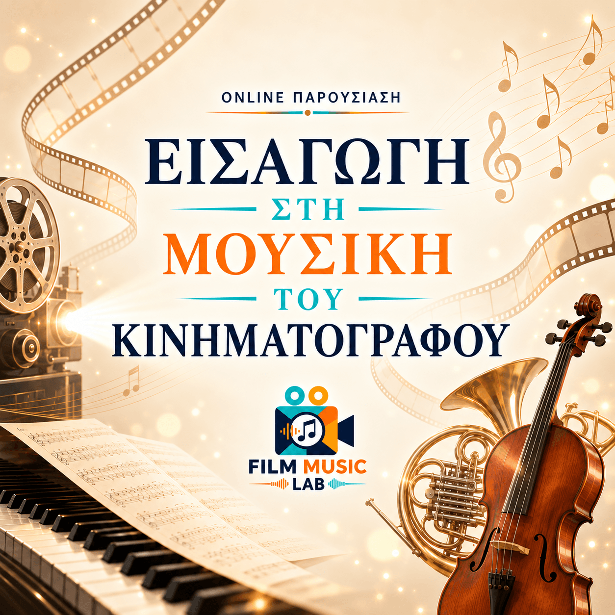 Online film music presentation poster featuring a piano, violin, horn, and vintage film projector.
