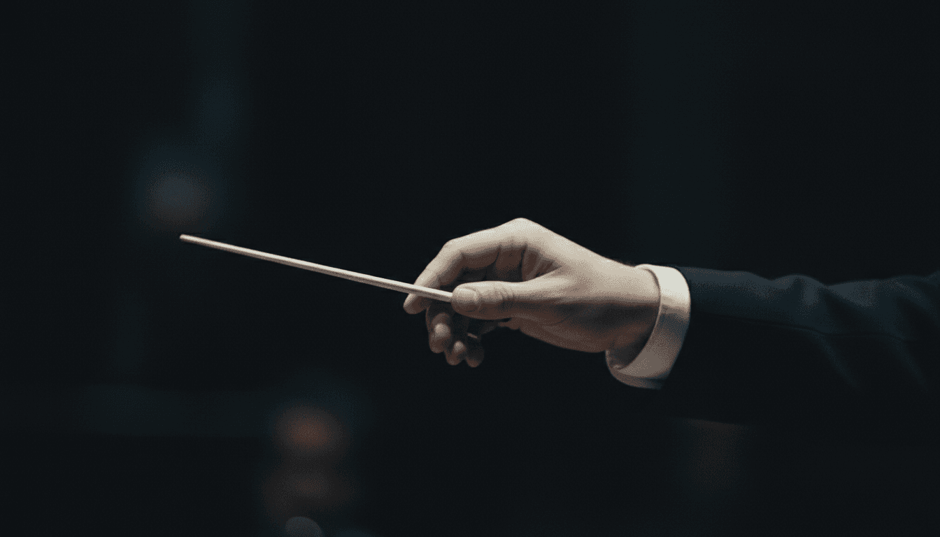 Conductor's hand with baton in silhouette, emphasizing precision and structure