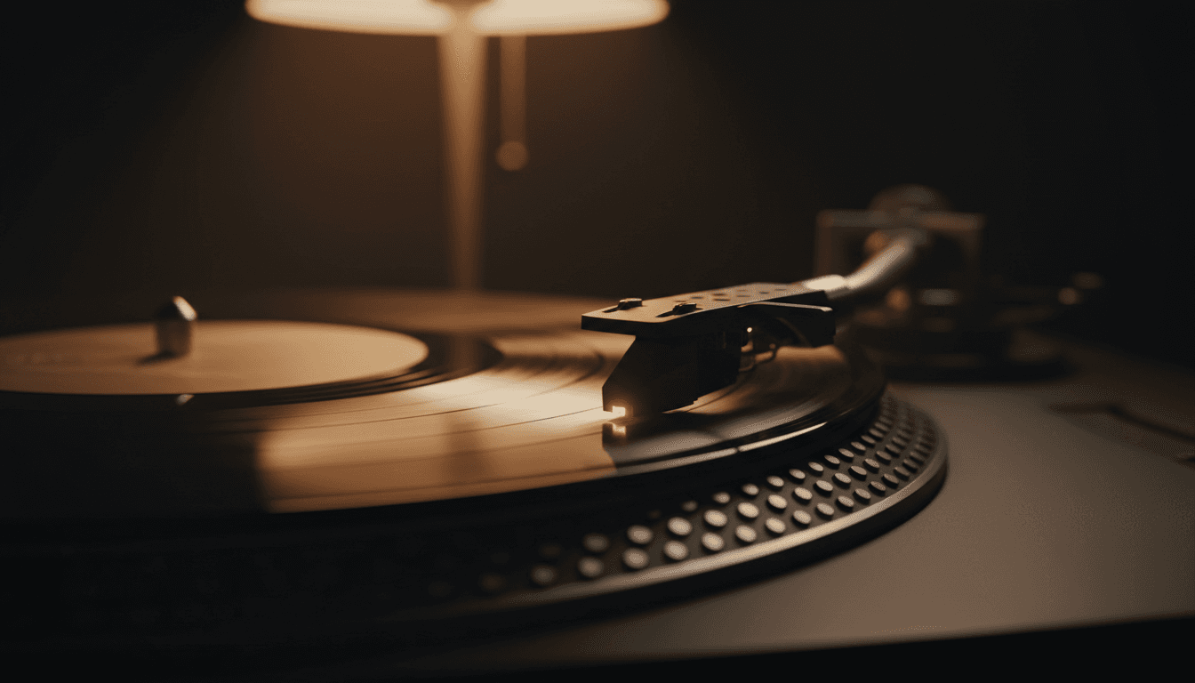 Close-up of a vinyl record on a turntable with a needle hovering above the grooves, dramatic side lighting