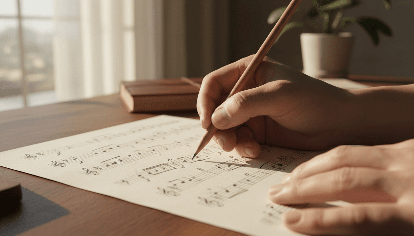 Hands sketching musical notation on paper with a pencil