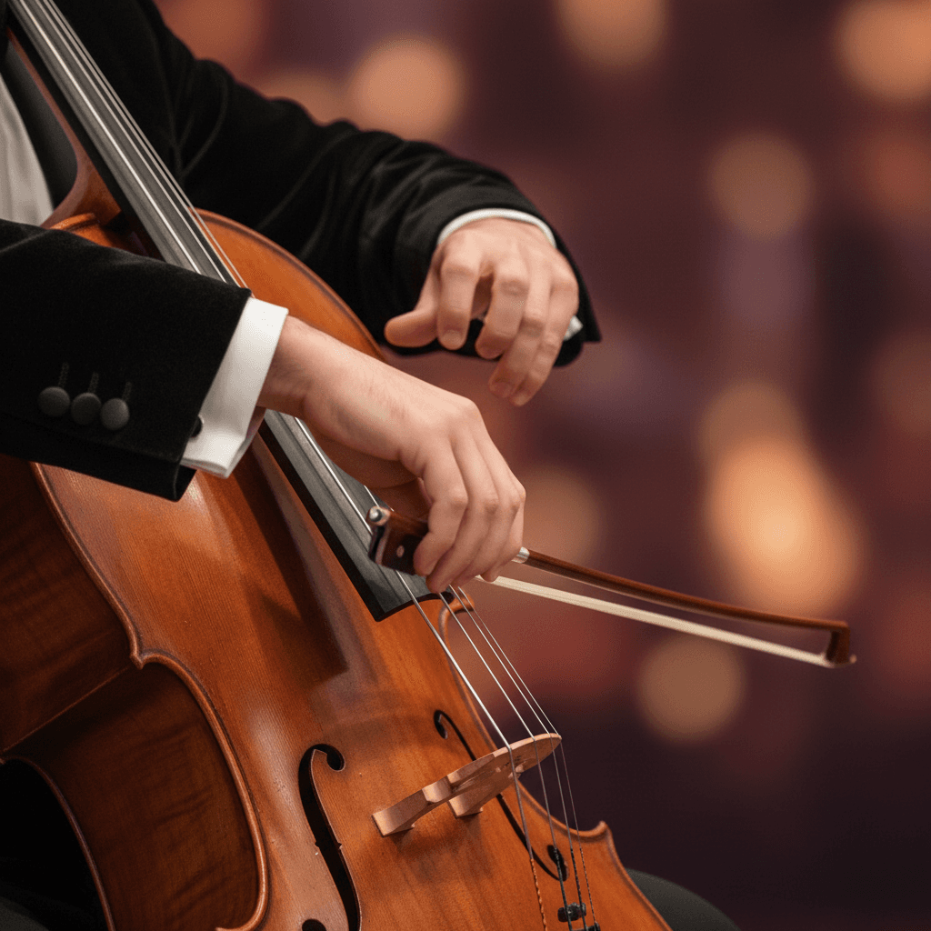 Cellist's hands demonstrating bow technique on cello with warm stage lighting and amber wood tones