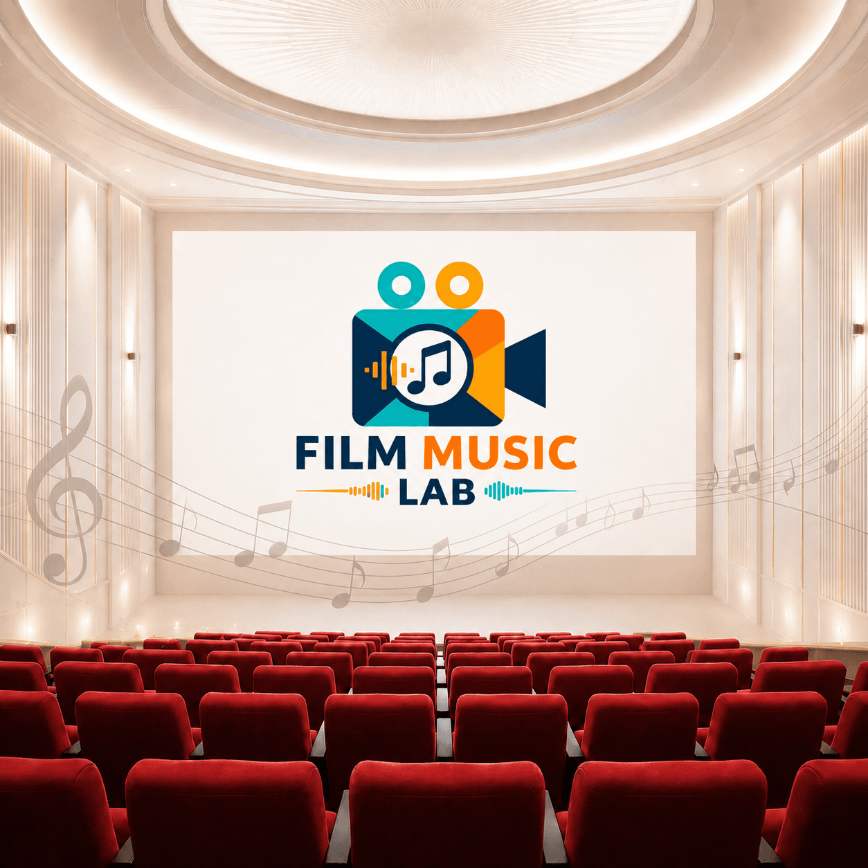 Grand movie theater interior with the Film Music Lab logo on the screen.