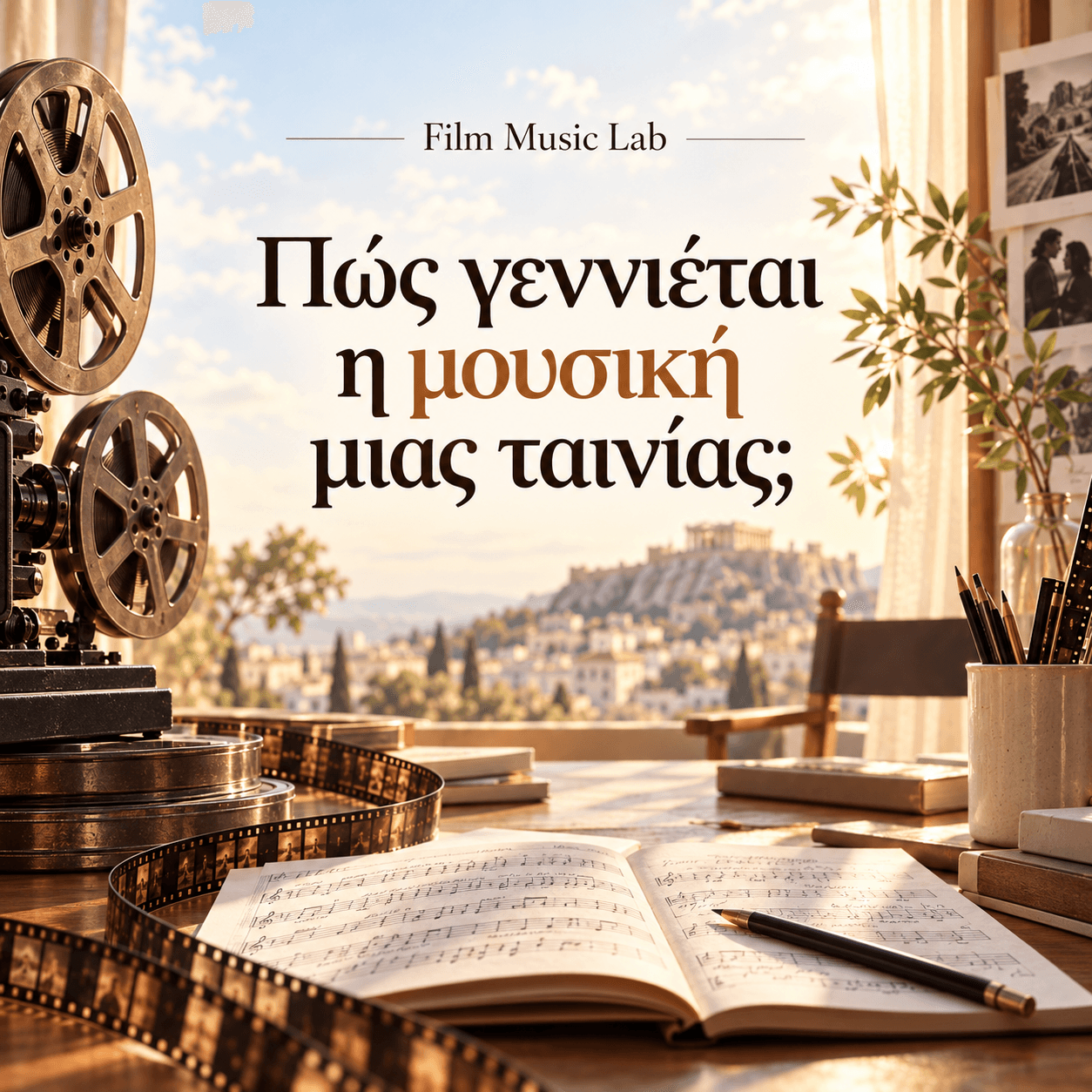 Vintage film projector and sheet music on a desk overlooking the Acropolis in Athens.