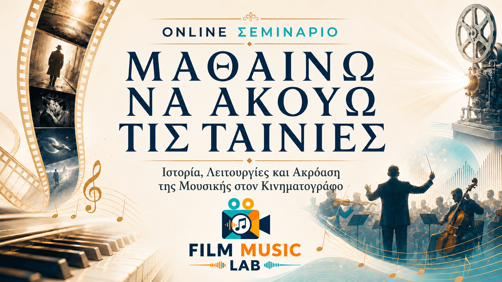 Online film music seminar poster featuring an orchestra, vintage projector, and cinematic film strip visuals.