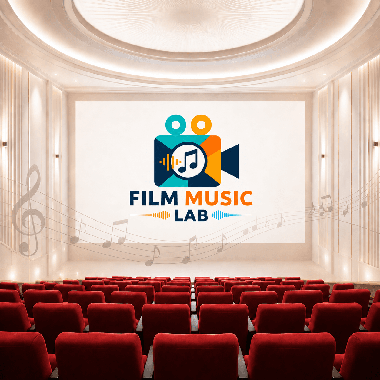 Red cinema seats facing a screen displaying the Film Music Lab logo and musical notes.