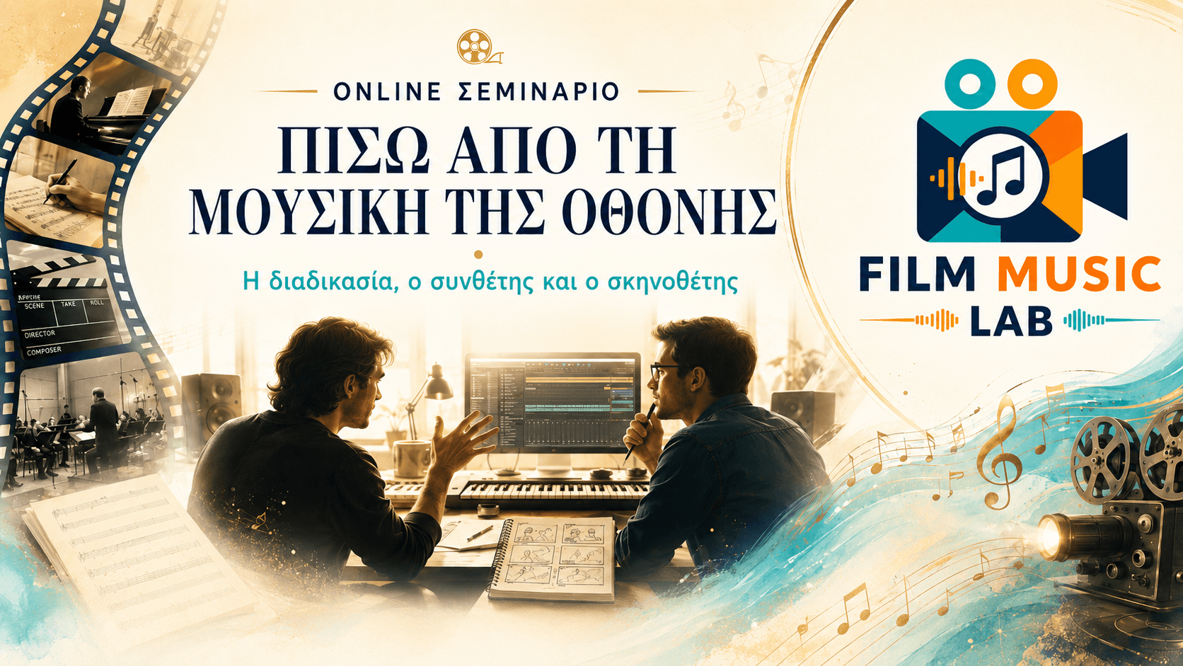 Film Music Lab online seminar banner showing two men collaborating in a music production studio.