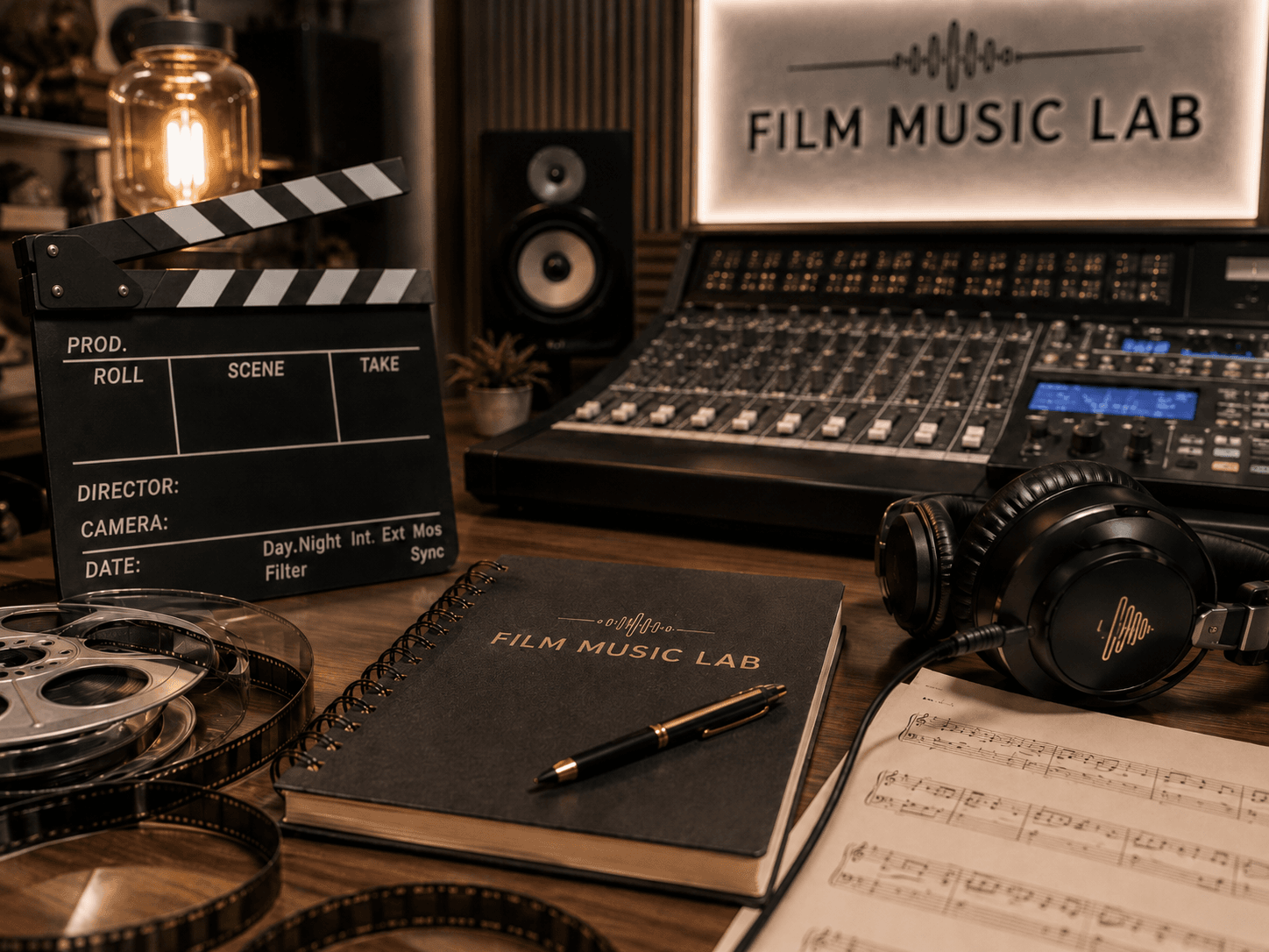 Professional film music studio with clapperboard, film reels, sheet music, headphones, and mixing console.