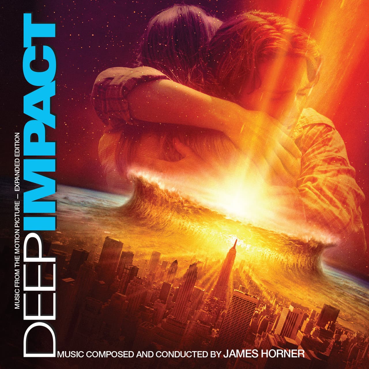 Deep Impact soundtrack cover with a couple hugging over a massive wave hitting Manhattan.