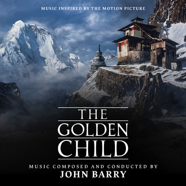 Soundtrack cover for The Golden Child featuring a Tibetan monastery perched on snowy mountain cliffs.