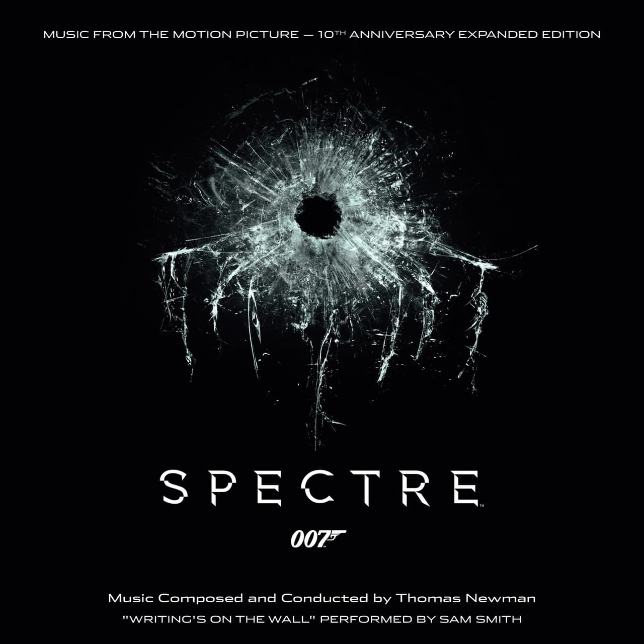 Bullet hole in glass forming an octopus shape for the Spectre movie soundtrack album cover.